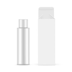 Tall Opened Rectangular Packaging Box With Plastic Cosmetic Bottle, Front View, Isolated On White Background. Vector Illustration