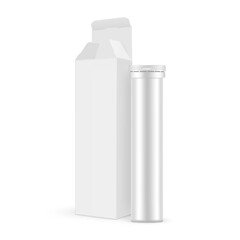 Opened Paper Packaging Box With Tall Effervescent Tablets Tube, Isolated On White Background. Vector Illustration