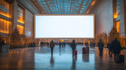 A blank billboard stands prominently at a busy airport terminal with people walking around, ready for advertising display; this image captures a high-traffic public space, symbolizing marketing potent