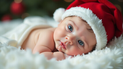 Newborn baby with beautiful eyes in Santa hat lies on white blanket. Christmas, New Year. New Year's holidays. Card. Wallpaper. Design.  