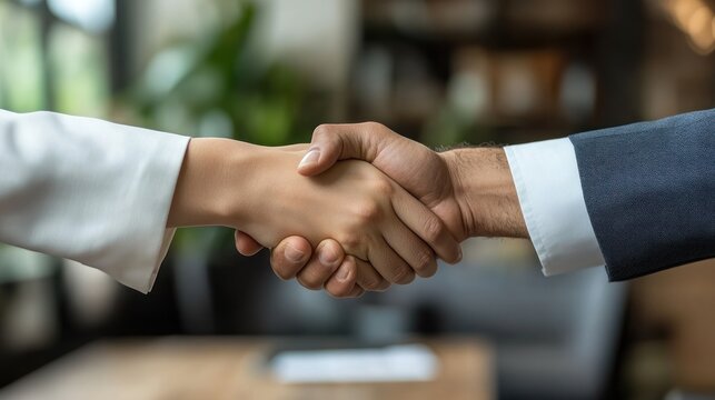 B2B sales representative shaking hands with customer after successful business contract negotiation. Collaboration between two companies closing sale