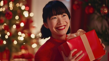 A happy young Asian woman holds a red gift box in front of her with a Christmas tree and decorations behind her. She has short hair, wears lipstick and smiles brightly at the camera