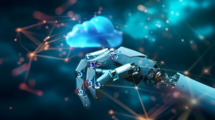 Robot hand Connection in a Digital Landscape with Cloud computing for data storage and transfer for safety Cloud icon with data icon with Blue glowing cloud with a circuit board below it cloud concept