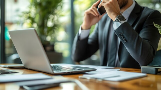 Salesperson making a phone call to a potential client working at a desk with a laptop and notes professional sales outreach in progress