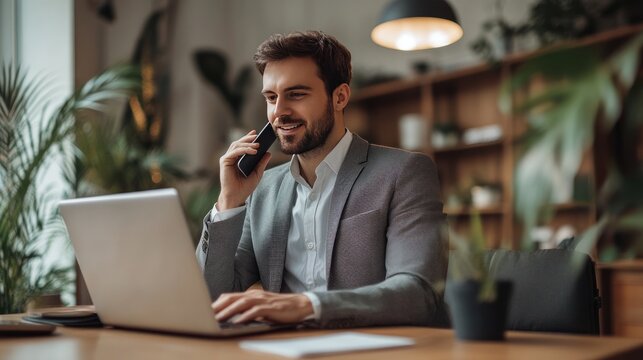 Salesperson making a phone call to a potential client working at a desk with a laptop and notes professional sales outreach in progress