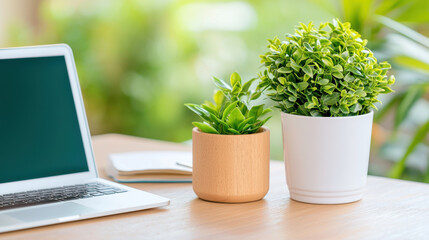 serene workspace with laptop and two potted plants on wooden desk, surrounded by greenery