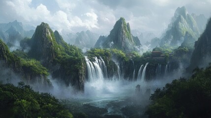 A foggy waterfall near the city of Guilin, framed by towering limestone mountains