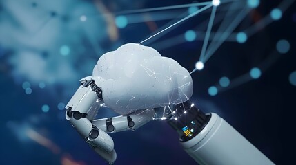 Robot hand Connection in a Digital Landscape with Cloud computing for data storage and transfer for safety Cloud icon with data icon with Blue glowing cloud with a circuit board below it cloud concept
