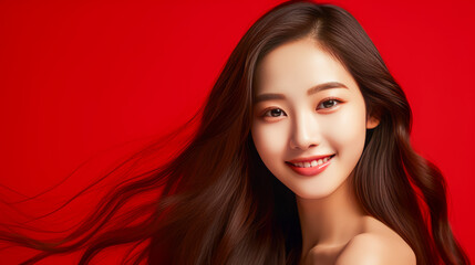 Fototapeta premium Portrait of smiling asian teenager girl red background.