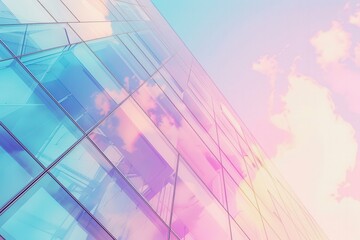 Fototapeta premium Modern glass building reflecting vibrant sky colors.