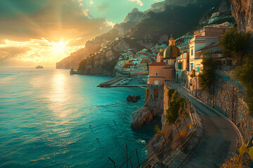 Naklejka premium Picturesque Sunset at Amalfi Coast, Italy - An Unforgettable Travel Destination
