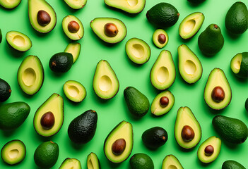 Fresh avocado pattern on a green background flat lay