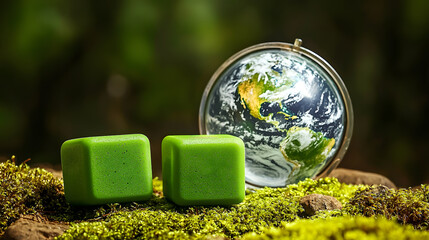Eco-friendly concept with green blocks and globe