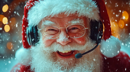 Close up photo of crazy funny santa claus listen music on modern headset celebrate christmas time