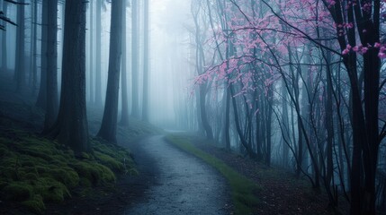 Fototapeta premium Misty forest path with blooming trees.