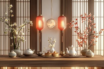 3D rendering podium for mid autumn festival holiday or chinese new year, chinese festivals with,lanterns, flower, moon, rabbit ,mooncake,with generative ai