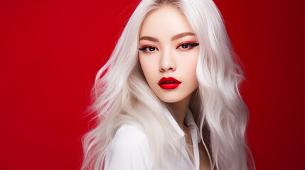 Fototapeta premium Portrait of smiling asian teenager girl with long and white hair red background.