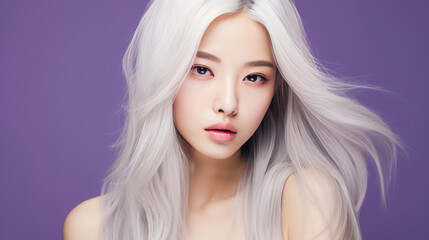 Fototapeta premium Portrait of smiling asian teenager girl with long and white hair purple background.