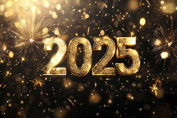 2025 celebration banner in glittery gold with glowing fireworks and soft bokeh baubles