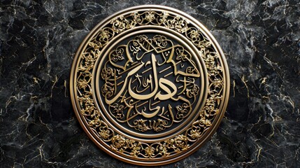 Fototapeta premium Golden Arabic calligraphy on black marble background.