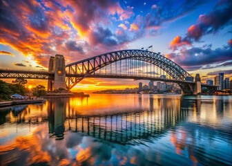 Obraz premium Stunning Sunset Over Sydney Harbour Bridge with Reflections in the Water, Showcasing the Iconic Architecture and Vibrant Colors of Australia’s Most Famous Landmark