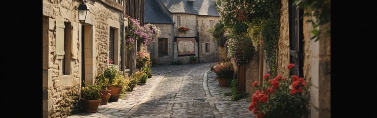 Charming cobblestone street lined with flowers in a quaint village during a sunny afternoon