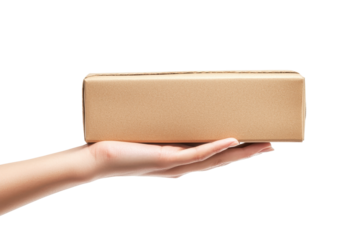 A hand presents a sleek, rectangular, gold-colored box, emphasizing its elegant design and polished surface.