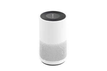 A sleek, cylindrical device designed for smart audio playback and voice interaction, featuring a minimalist white finish.