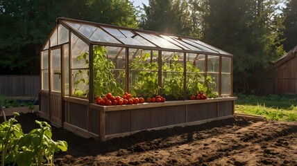 A vibrant greenhouse brimming with ripening tomatoes in a lush garden on a sunny afternoon. Generative AI