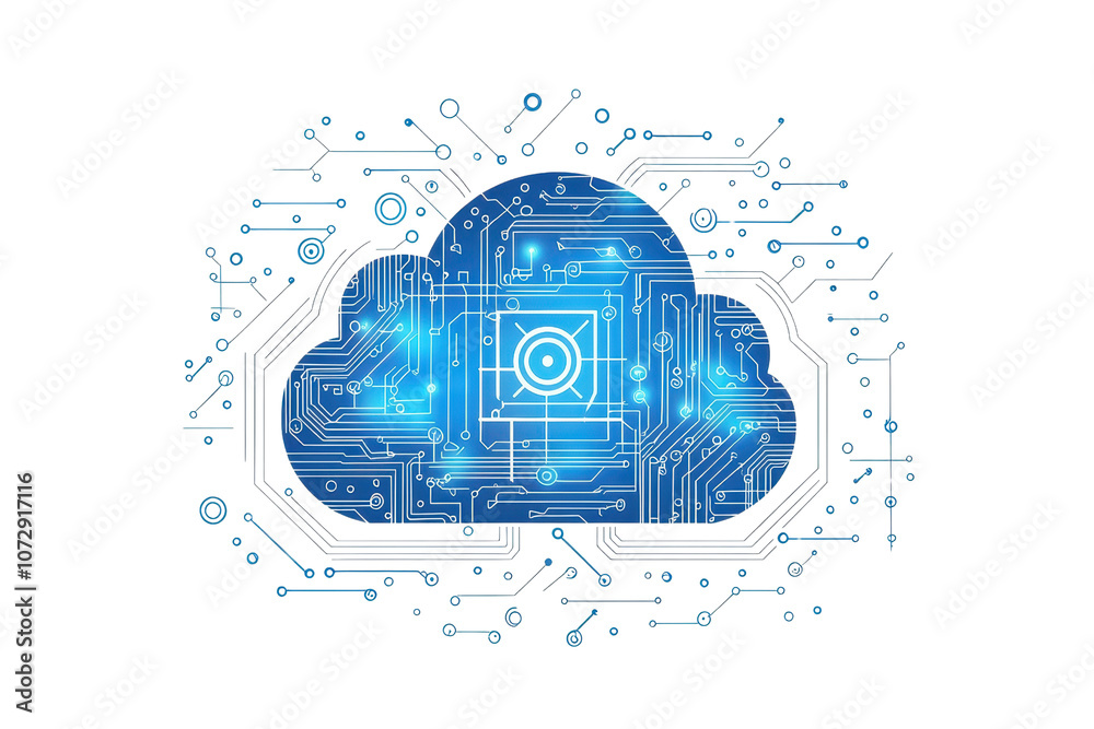 Poster a cloud symbol featuring intricate circuit patterns and glowing blue elements representing digital c