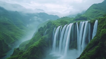 Fototapeta premium A serene, mist-covered waterfall cascading through lush green hills in China