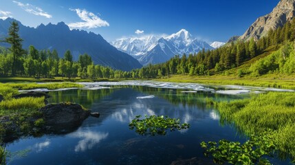 The dramatic scenery of Mount Tianshan, Xinjiang, China, with steep cliffs, alpine meadows, and glaciers, showcasing the contrast of lush greenery with harsh mountain terrain