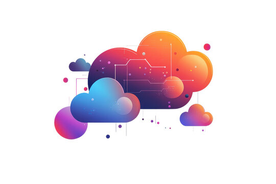Colorful, stylized clouds with a digital folder symbol, representing cloud storage and technology.