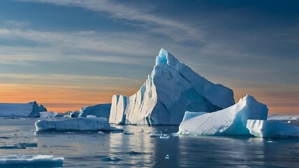 Majestic icebergs reflecting the colors of sunset in a serene Arctic landscape. Generative AI