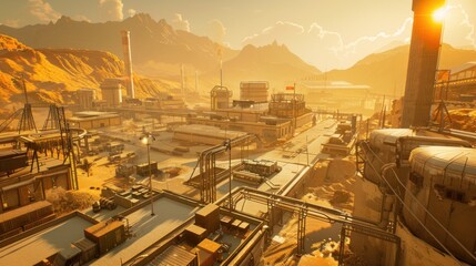 Fototapeta premium Industrial complex with pipes and chimneys in a desert landscape at sunset.