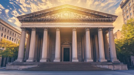 Obraz premium A grand, classical building with white columns and a set of stairs leading up to the entrance. The building is bathed in the golden light of the setting sun.