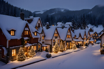 Naklejka premium Snowy village with warmly lit windows and christmas decorations on every house, AI Generated