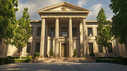 A large, classical-style building with a symmetrical facade, six columns, and a grand entrance.