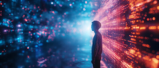 Young man looking towards a stream of data in a futuristic digital world.