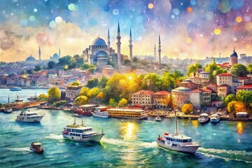 Obraz premium Stunning Watercolor Sketch of Istanbul's Bosphorus with Beautiful Bokeh Effect Capturing the Essence of the City’s Iconic Waterfront and Architectural Heritage