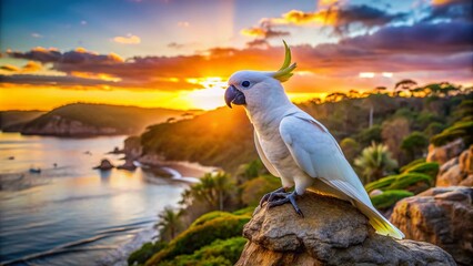Fototapeta premium Stunning White Cockatoo Perched on a Rock Against a Breathtaking Coastal Sunset Background, Captured in Exquisite Tilt-Shift Photography Style for Nature Lovers