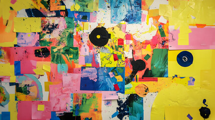 Sticky notes used in a playful manner by children to create art on a large canvas.