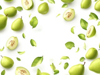 Green Pears and Leaves in Mid-Air