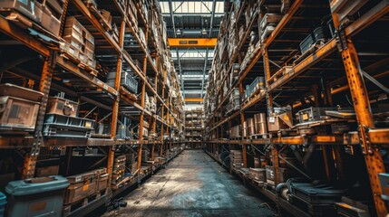 Industrial warehouse aisle with stacked shelves.