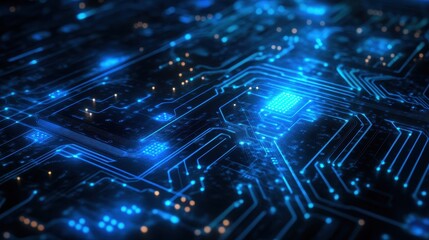 Close-up of a Blue Glowing Circuit Board with Integrated Circuit