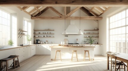 A modern kitchen with white cabinets, wooden beams, and large windows that let in natural light. There is a large island in the center of the room with bar stools.