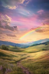 Obraz premium A Winding Path Through Rolling Hills and a Rainbow Sky