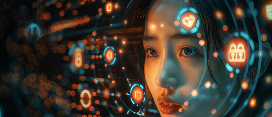 Woman Immersed in Futuristic Digital Interface