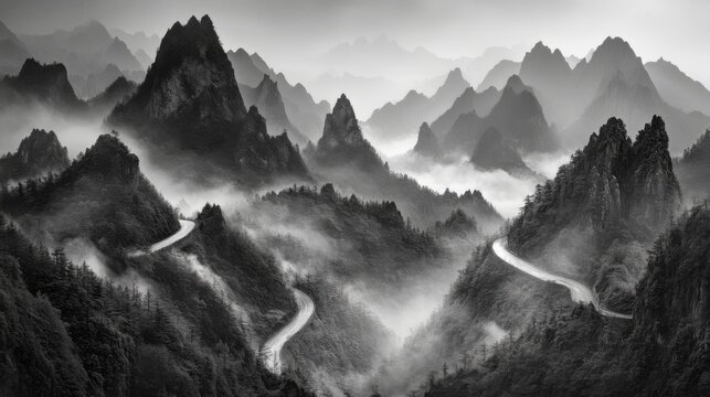 The dramatic peaks of Mount Luya, Sichuan, China, with winding mountain roads leading through dense forests, mist-filled valleys, and jagged ridges cutting through the landscape