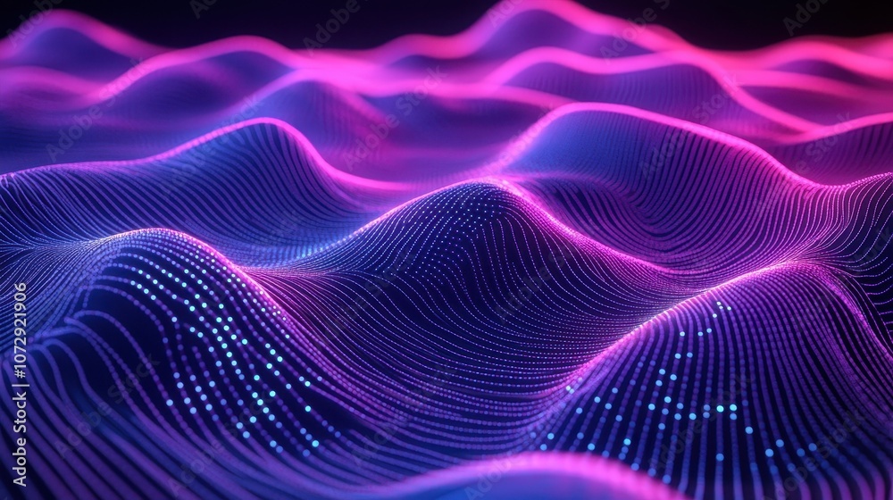 Poster abstract wavy digital landscape with glowing lines and dots